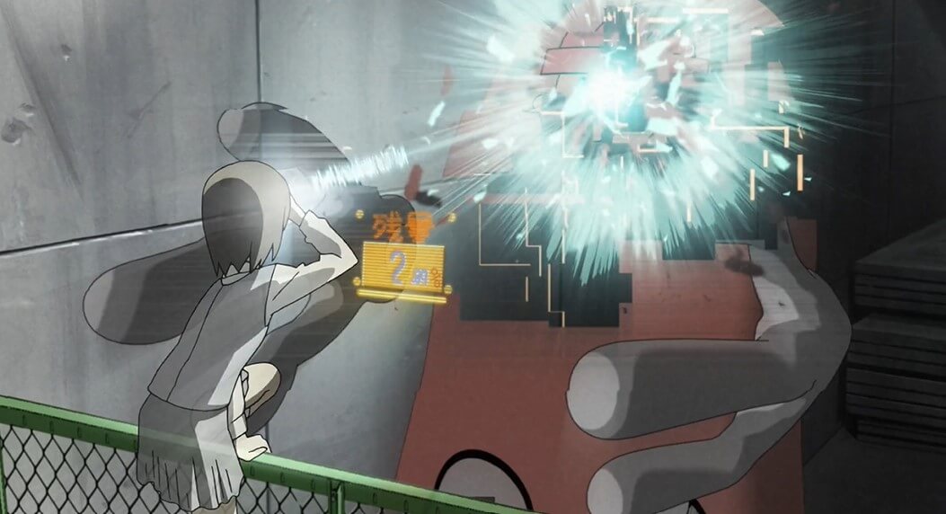 A picture of the protagonist of Dennou Coil, Isako, shooting a beam at the antivirus program Searchy.