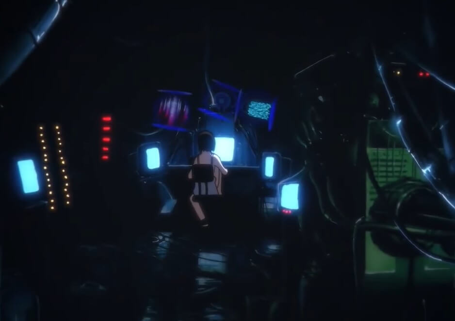 A picture of Lain using her upgraded computer. It occupies the whole room, which is dark save for the light of the devices.