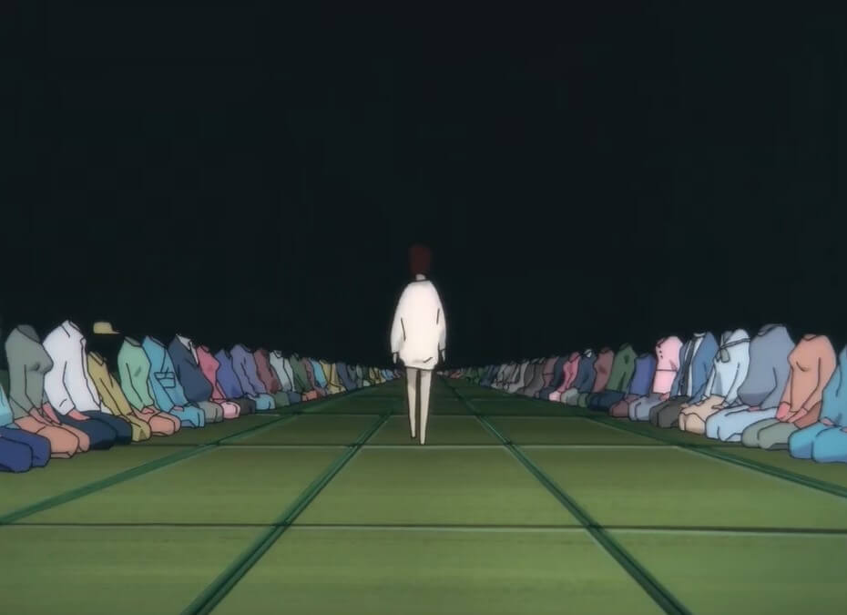An image of Lain in a virtual environment. She is walking in the middle of two rows of people who have no head, only barely visible floating mouths.